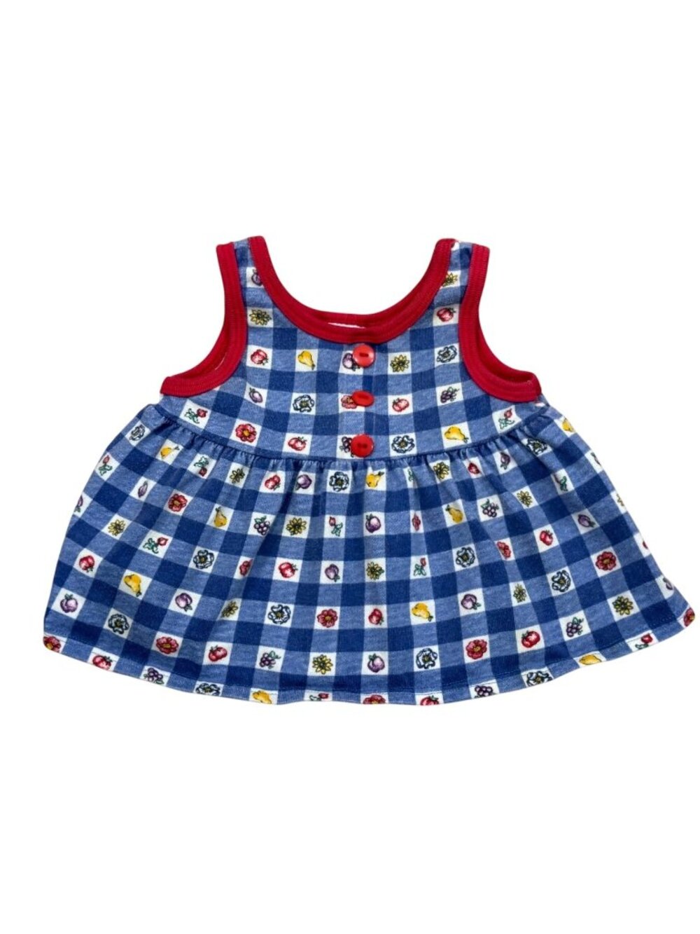 90s Carters Baby Dress Blue Gingham With Red Trim & Fruit Print 9-12M